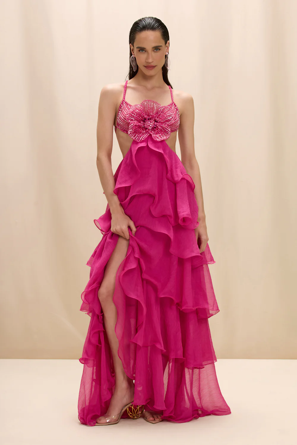 CHIFFON CARMEN LOTUS MAXI DRESS