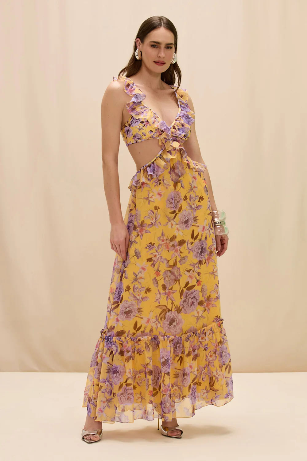 PEONY PRINT LYCRA CUT OUT MAXI DRESS