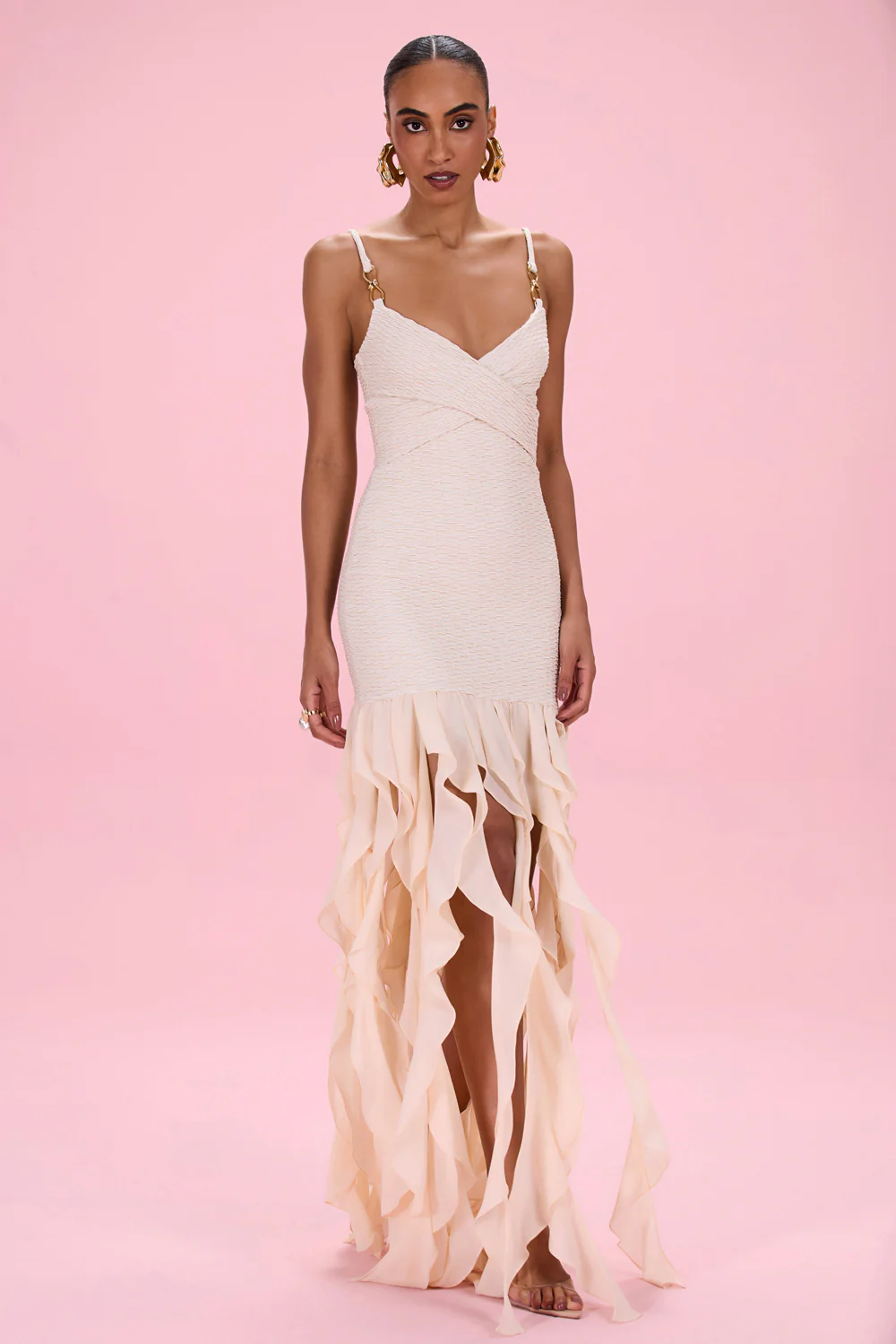 GOLDEN KNIT CHIFFON MAXI DRESS